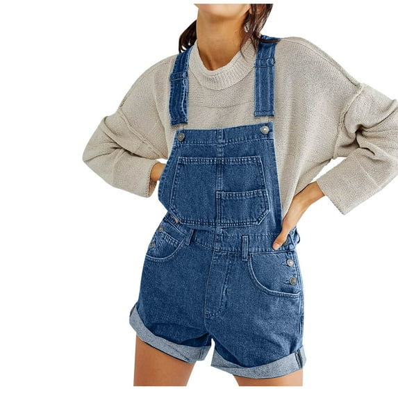 Atogsazn Women's Denim Bib Overall Shorts Adjustable Straps Cuffed Hem Shortall Rompers Sleeveless Suspender Short Jumpsuit Blue M on Clearance