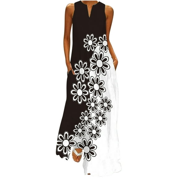 Atogsazn Women's Dress 2025 Sleeveless Vintage Floral Printed Maxi Dress Party Evening Long Dress White L