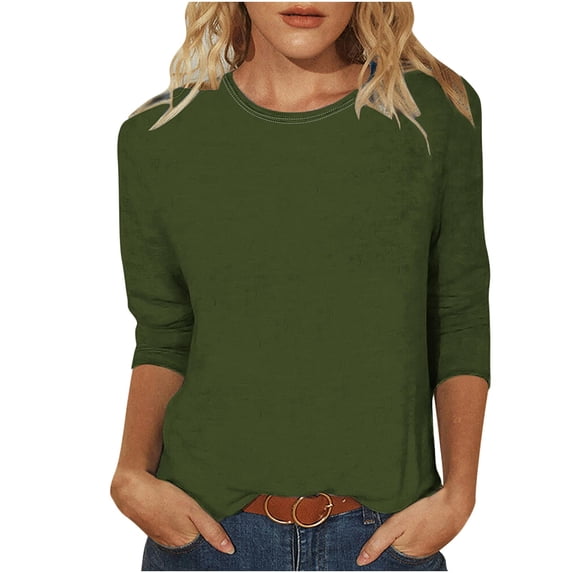Atogsazn Women's Dressy Casual Tops Round Neck 3/4 Sleeve Shirts and Blouses Plus Size Solid Summer T-Shirts Army Green L