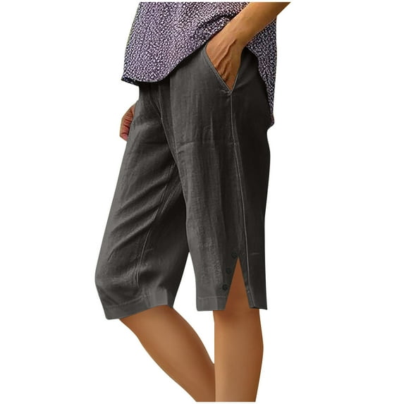 Atogsazn Women's Elastic Waist 3/4 Capris Pants with Pockets Casual Loose Solid Color Yoga Trousers 01-Gray XXL