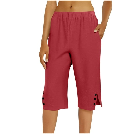 Atogsazn Women's Elastic Waist 3/4 Capris Pants with Pockets Casual Loose Solid Color Yoga Trousers 05-Watermelon Red XXL