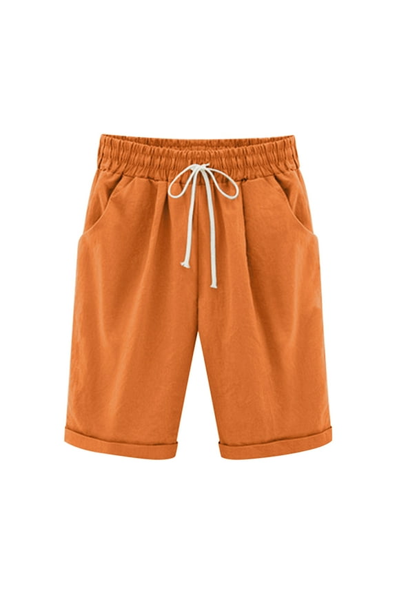 Women's Elastic Waist Knee Length Casual Jogger Athletic Bermuda Shorts with Drawstring Outfit 01-Orange S