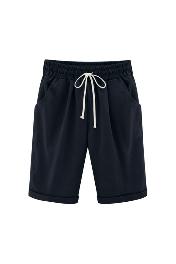 Women's Elastic Waist Knee Length Casual Jogger Athletic Bermuda Shorts with Drawstring Outfit 03-Navy M