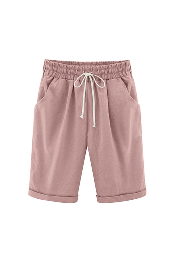 Women's Elastic Waist Knee Length Casual Jogger Athletic Bermuda Shorts with Drawstring Outfit 05-Pink L