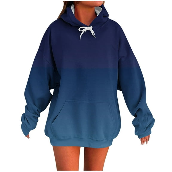 Atogsazn Women's Fall Winter Hoodie Loose Gradient Pullover Hooded Sweatshirt Long Sleeve Tops Outfit Clothes 02-Dark Blue XL