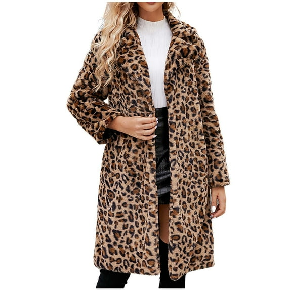 Atogsazn Women's Faux Fuzzy Long Jackets Winter Warm Leopard Coats Oversized Open Front Cardigan Loose Long Sleeve Outerwear Brown S on Clearance