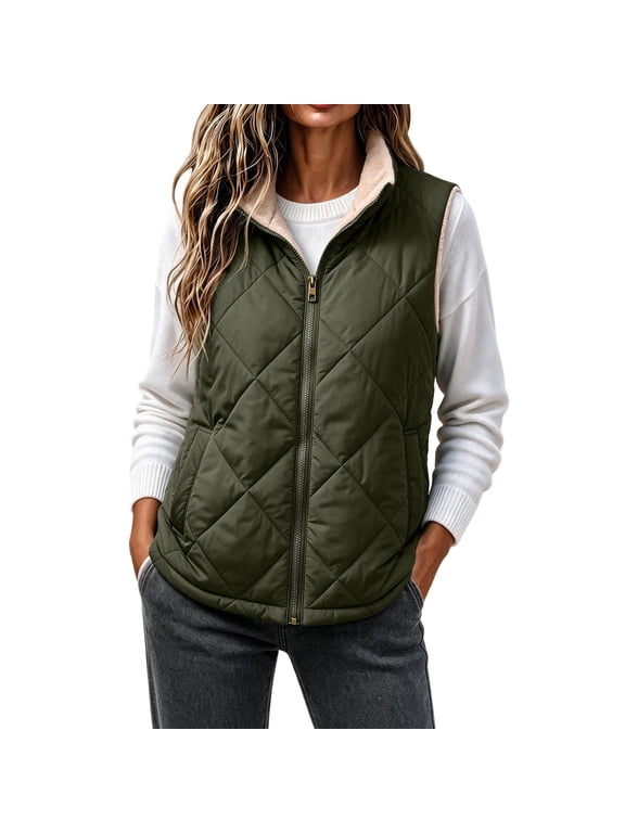 Women's Fleece Lined Full Zip Vest Casual Sleeveless Puffer Jacket Winter Warm Tops Coat Army Green L Fashion