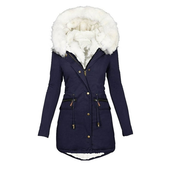 Atogsazn Women's Fleece Lined Jacket Casual Zip Up Loose Fuzzy Hooded Coat Winter Warm Solid Color Fashion Tops Navy XXL