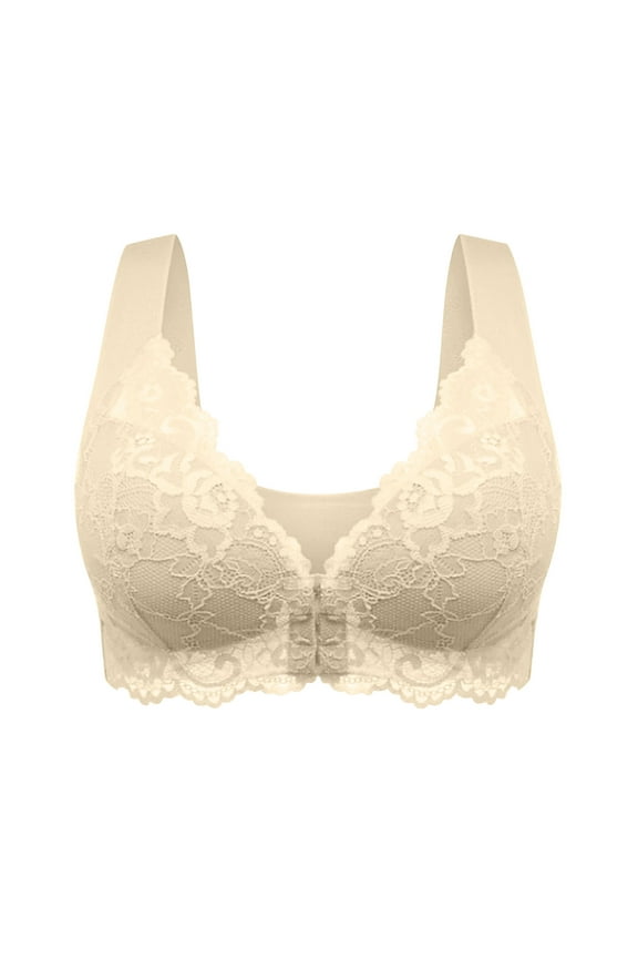 Women's Front Closure Bra Floral Lace Bar Bralettes Bras Unpadded Plus Size Full Coverage Underwear Beige XXXL