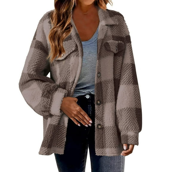 Atogsazn Women's Fuzzy Fleece Jacket Long Sleeve Color Block Button Open Front Coat Cardigan Tops with Pocket B-Coffee XXXXL on Clearance