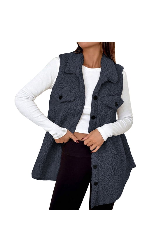 Women's Fuzzy Long Tank Top Casual Button Sherpa Jacket Winter Warm Fleece Vest Coat Navy M Fashion