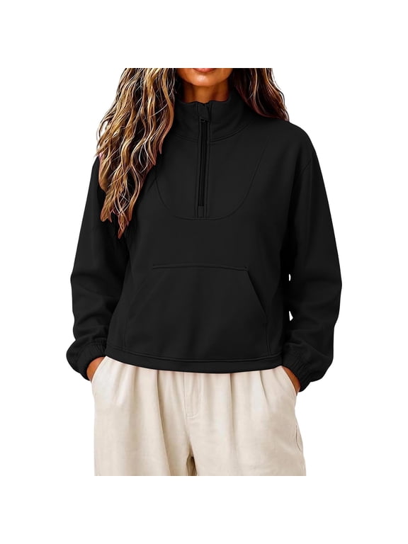 Women's Half Zip Collared Cropped Sweatshirt Casual Long Sleeve Pullover Sweater Fall Winter Tops Black M Fashion
