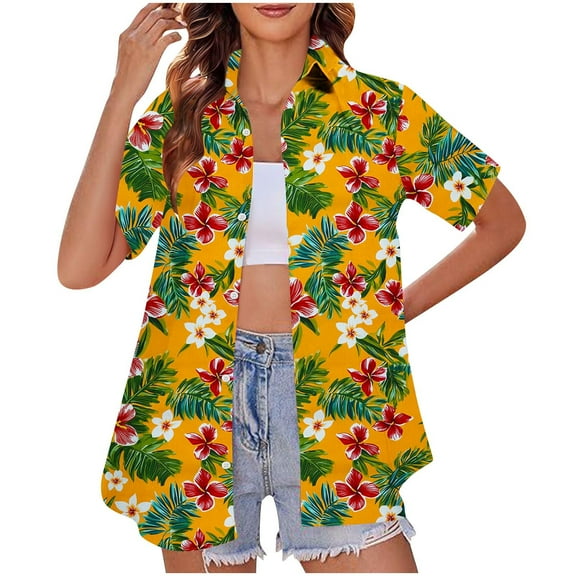 Atogsazn Women's Hawaiian Shirts Casual Summer Short Sleeve Shirt Beach Top Clothes Fashion Blouse Yellow M
