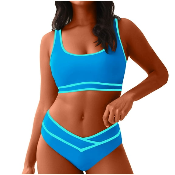 Atogsazn Women's High Waisted Bikini Sets Sporty Two Piece Swimsuits Color Block Cheeky High Cut Bathing Suits 01-Sky Blue S