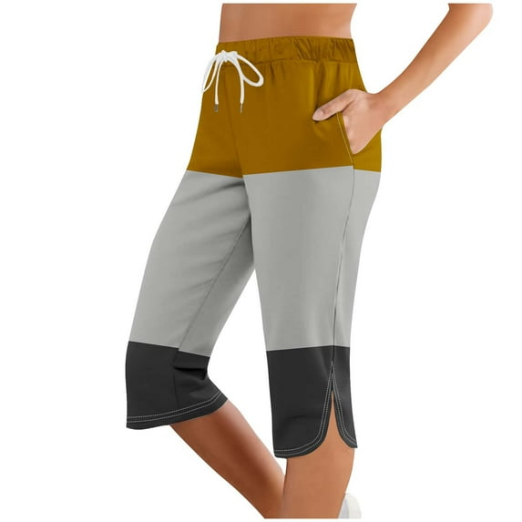 Atogsazn Women's Jogger Capris Casual Colorblock Athletic Drawstring Cropped Pants Gym Outfit with Pockets 01-Khaki XL
