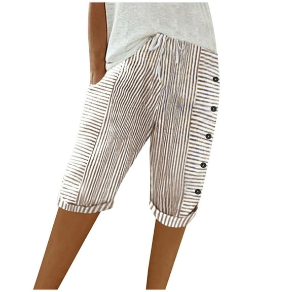 Atogsazn Women's Jogger Capris Casual Striped Drawstring Athletic Cropped Pants for Women Fashion Clothes with Pocket Khaki M