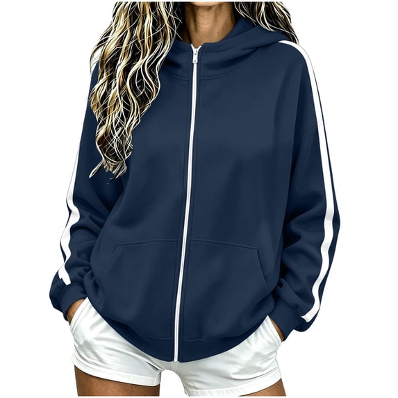 Atogsazn Women's Jogger Full Zip Hoodies Casual Long Sleeve Hooded Sweatshirt Fall Jacket Outerwear Navy S Fashion