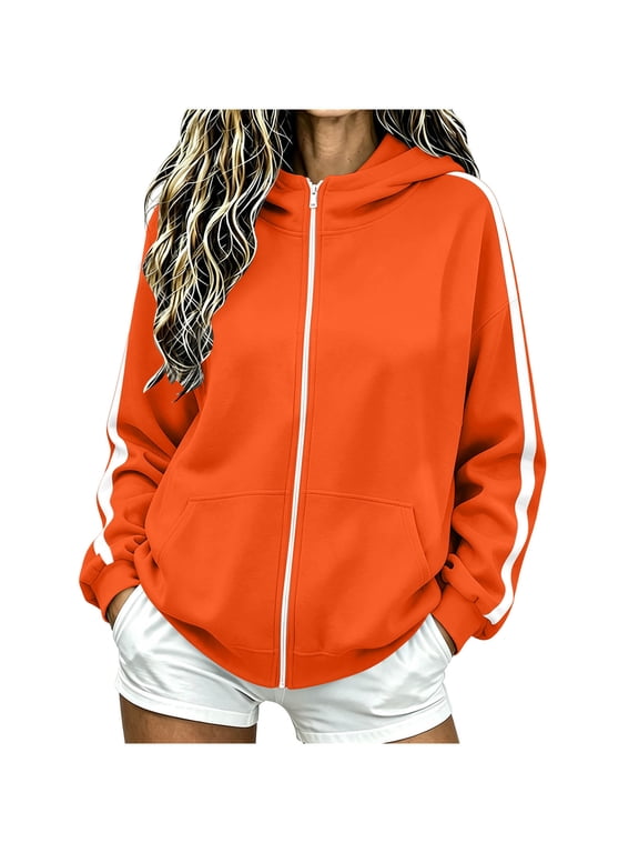 Women's Jogger Full Zip Hoodies Casual Long Sleeve Hooded Sweatshirt Fall Jacket Outerwear Orange M Fashion