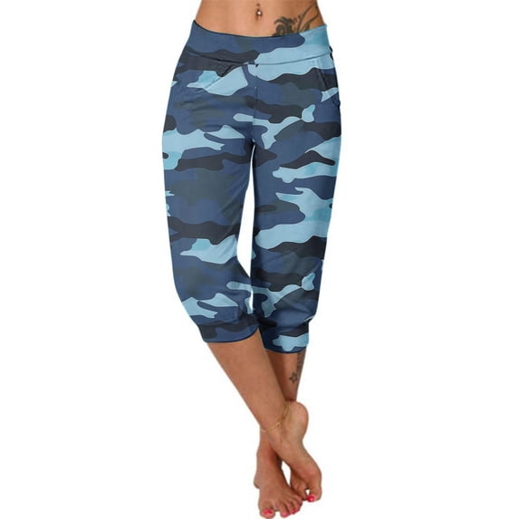 Atogsazn Women's Jogger Sweatpant Casual Yoga Camouflage Athletic Capris Shorts for Women with Pocket 01-Blue XXL