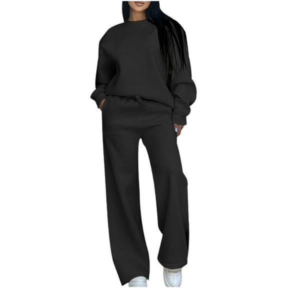 Atogsazn Women's Jogger Sweatsuit Athletic Long Sleeve Sweatshirt Sweatpant Outfit Gym Running Set Clothing Black M Fashion