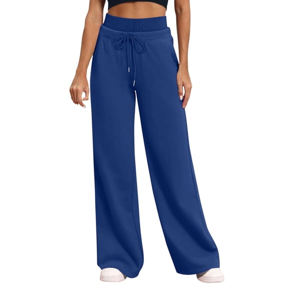 Atogsazn Women's Joggers Sweatpant Casual Wide Leg Palazzo Pants Baggy High Waist Pants Trousers with Drawstring Blue L Fashion