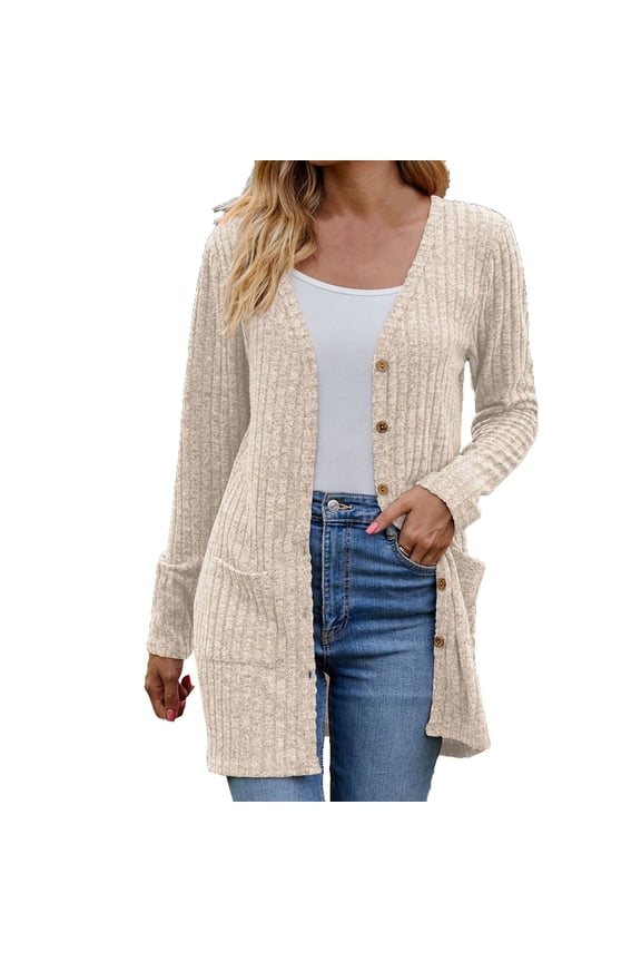 Women's Knitted Cardigan Jacket Button Lightweight Long Sleeve Sweater Open Front Coat with Pockets Beige XXL