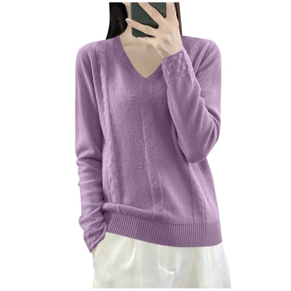 Atogsazn Women's Knitted Cotton Sweater Casual Loose Fit Long Sleeve Pullover Sweaters Fall Winter Tops Purple M Fashion