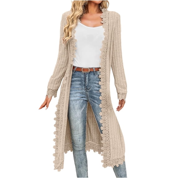 Atogsazn Women's Knitted Long Cardigans Tops Lace Flowy Long Sleeve Blouse Open Front Lightweight Outfit Shirts Beige XXL