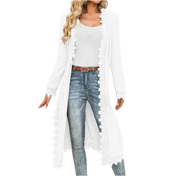 Atogsazn Women's Knitted Long Cardigans Tops Lace Flowy Long Sleeve Blouse Open Front Lightweight Outfit Shirts White XXL