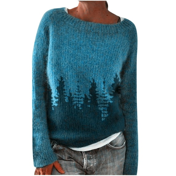 Atogsazn Women's Knitted Oversized Sweaters Print Retro Sweater Casual Loose Crewneck Long Sleeve Lightweight Tops 01-Blue XXXXXL