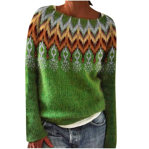 Atogsazn Women's Knitted Oversized Sweaters Print Retro Sweater Casual Loose Crewneck Long Sleeve Lightweight Tops 02-Green S on Clearance
