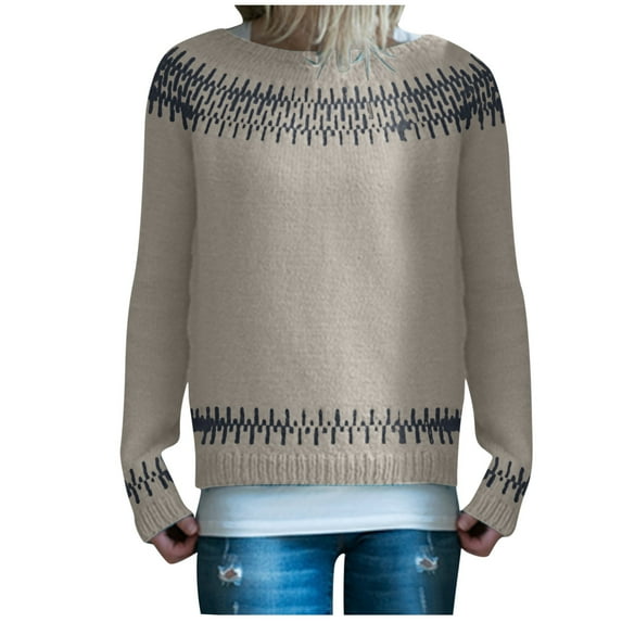 Atogsazn Women's Knitted Oversized Sweaters Print Retro Sweater Casual Loose Crewneck Long Sleeve Lightweight Tops 08-Gray XXXXL on Clearance