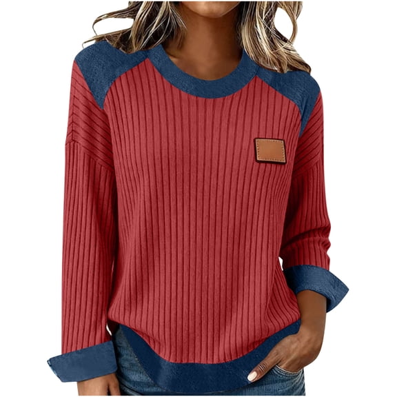 Atogsazn Women's Knitted Sweater Casual Crewneck Long Sleeve Pullover Denim Patchwork Sweatshirt Tunic Top Outfit Red M Fashion