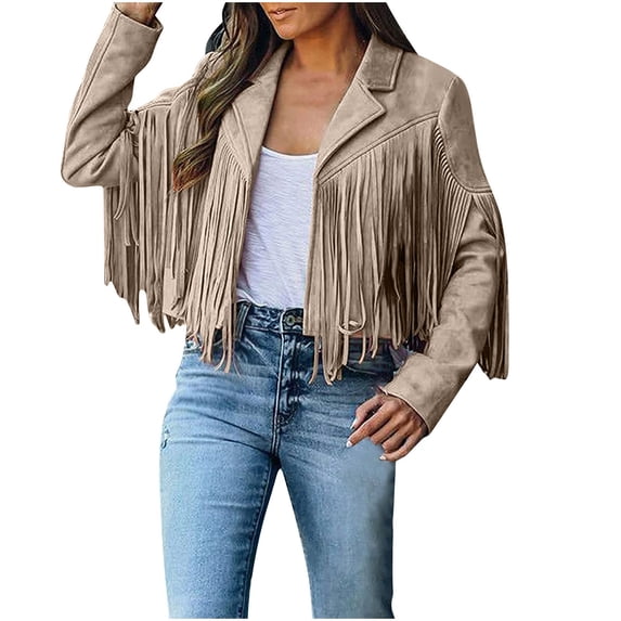 Atogsazn Women's Leather Cropped Jacket Casual Cardigan Long Sleeve Tassel Cropped Coat Fall Winter Outerwear Beige L