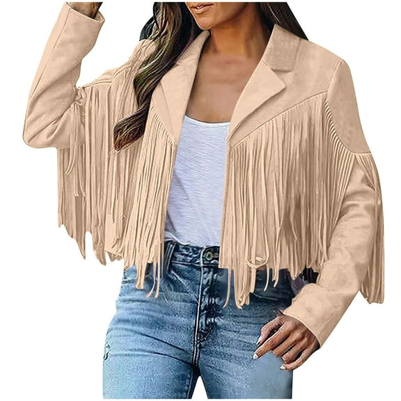 Atogsazn Women's Leather Jacket Faux Suede Fringe Jacket Long Sleeve Lapel Vintage Coats Open Front Tassel Cardigan Tops Khaki L