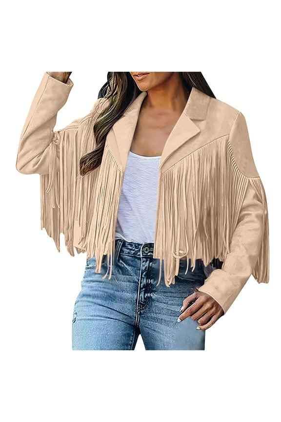 Women's Leather Jacket Faux Suede Fringe Jacket Long Sleeve Lapel Vintage Coats Open Front Tassel Cardigan Tops Khaki M