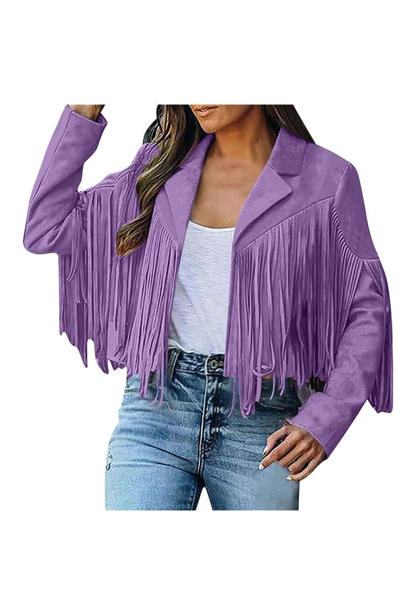 Women's Leather Jacket Faux Suede Fringe Jacket Long Sleeve Lapel Vintage Coats Open Front Tassel Cardigan Tops Purple XL