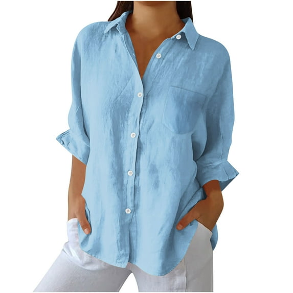 Atogsazn Women's Linen Button Down Shirts Casual Long Sleeve Shirt Loose Tops Outfit Fashion with Pockets Light Blue M