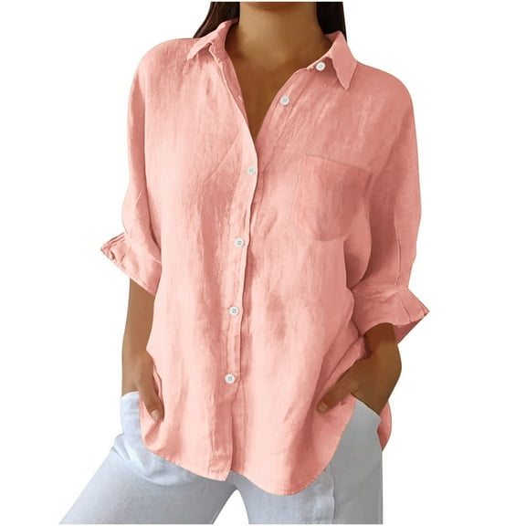 Atogsazn Women's Linen Button Down Shirts Casual Long Sleeve Shirt Loose Tops Outfit Fashion with Pockets Pink M