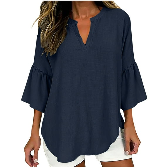 Atogsazn Women's Linen V Neck Blouse Plus Suze 3/4 Pleated Sleeve Shirt Pullover Flowy Tops Outfit T-shirt Summer 02-Navy M Fashion