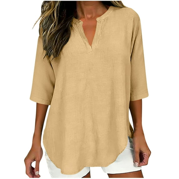 Atogsazn Women's Linen V Neck Blouse Plus Suze 3/4 Sleeve Shirt Pullover Flowy Tops Outfit T-shirt Summer 01-Khaki XL Fashion