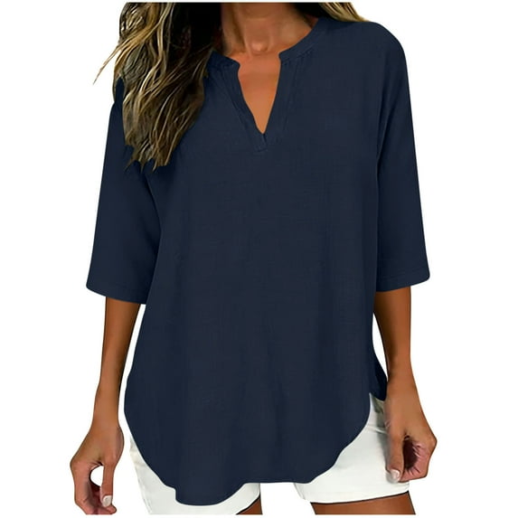 Atogsazn Women's Linen V Neck Blouse Plus Suze 3/4 Sleeve Shirt Pullover Flowy Tops Outfit T-shirt Summer 01-Navy M Fashion