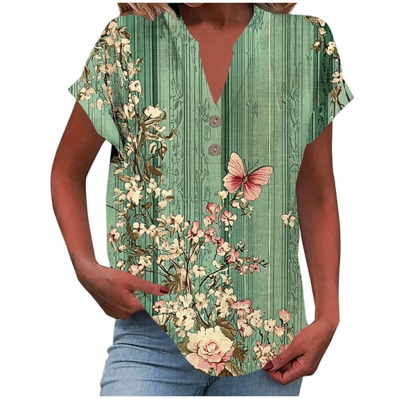 Atogsazn Women's Linen V Neck Shirts Casual Floral Short Sleeve Tshirt Tunic Blouse Fashion 2025 Trendy Army Green L