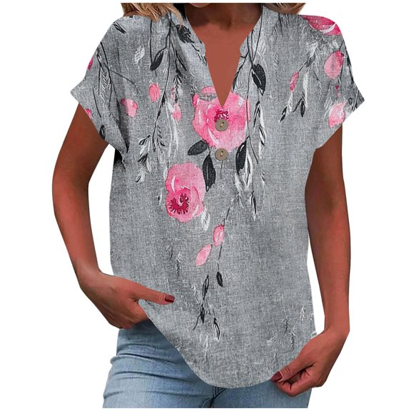Atogsazn Women's Linen V Neck Shirts Casual Floral Short Sleeve Tshirt Tunic Blouse Fashion 2025 Trendy Gray S