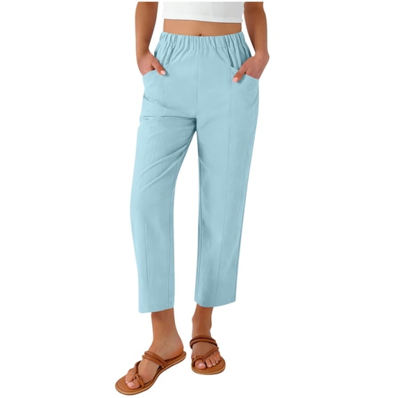 Atogsazn Women's Linen Wide Leg Pant Casual Elastic Waist Palazzo Cropped Sweatpant Summer Trouser with Pocket Blue XXL Fashion