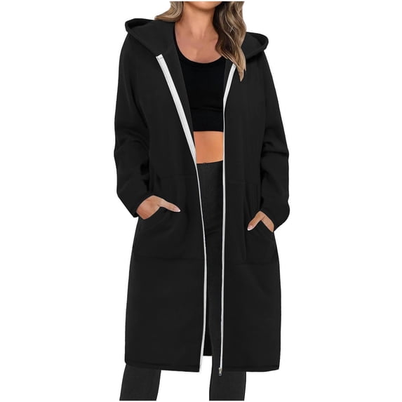 Atogsazn Women's Long Trench Coat Full Zip Long Sleeve Hooded Jacket Fashion Windbreaker Solid Color Colthes Black L