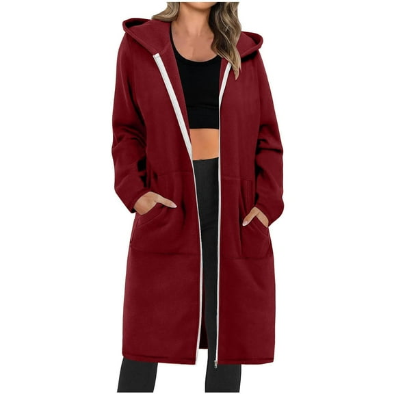 Atogsazn Women's Long Trench Coat Full Zip Long Sleeve Hooded Jacket Fashion Windbreaker Solid Color Colthes Wine S