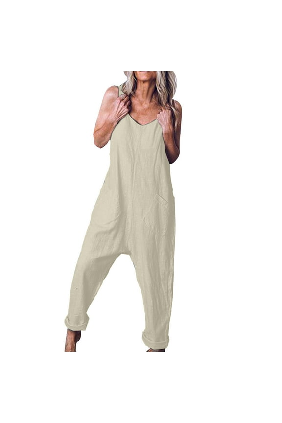 Women's Loose Casual Jumpsuits Summer V Neck Sleeveless Spaghetti Straps Long Pants Overalls With Pockets Beige XXXL
