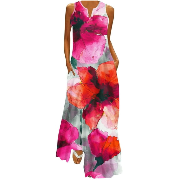 Atogsazn Women's Maxi Dress Casual Summer V Neck Floral Printed Boho Desses Sleeveless Sundress Clothes Fashion 2025 Pink M