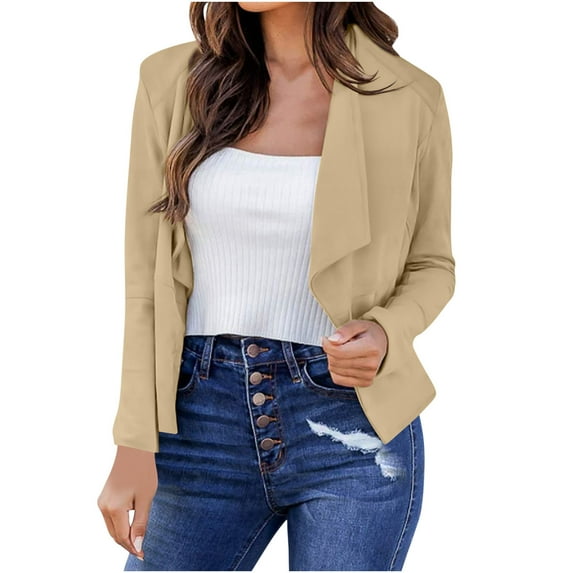 Atogsazn Women's Open Front Blazer Business Long Sleeve Lightweight Jackets Fashion Clothes Outerwear Khaki XL on Clearance